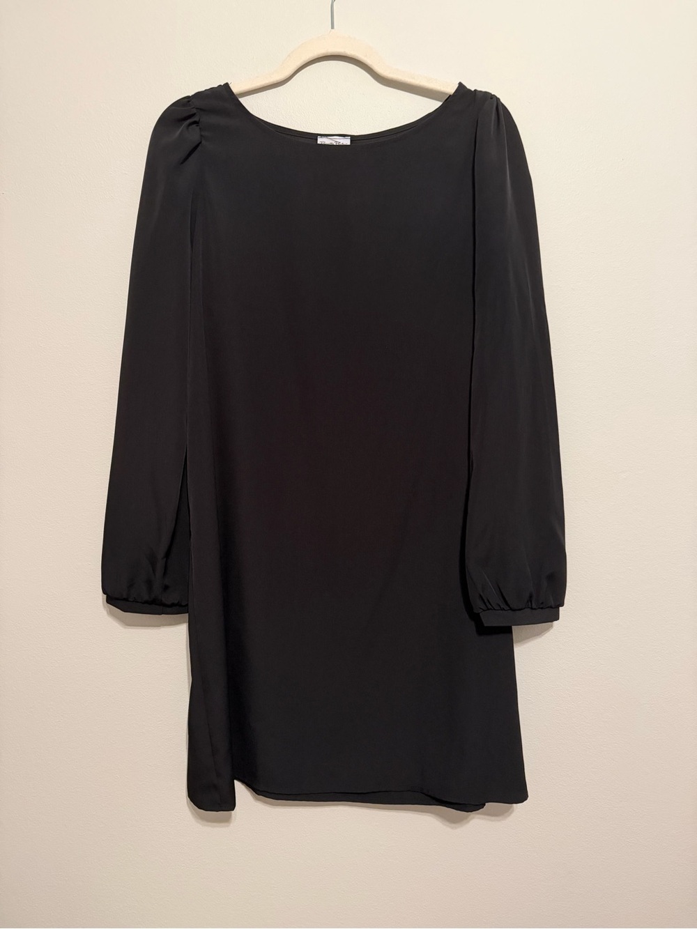 Black Long-Sleeve Shift Dress with Subtle Puff Shoulders